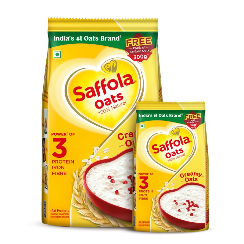 Saffola Oats | Rolled Oats | Delicious Creamy Oats | 100% Natural | High Protein & Fibre | Healthy Cereal | 1Kg with 300g Free