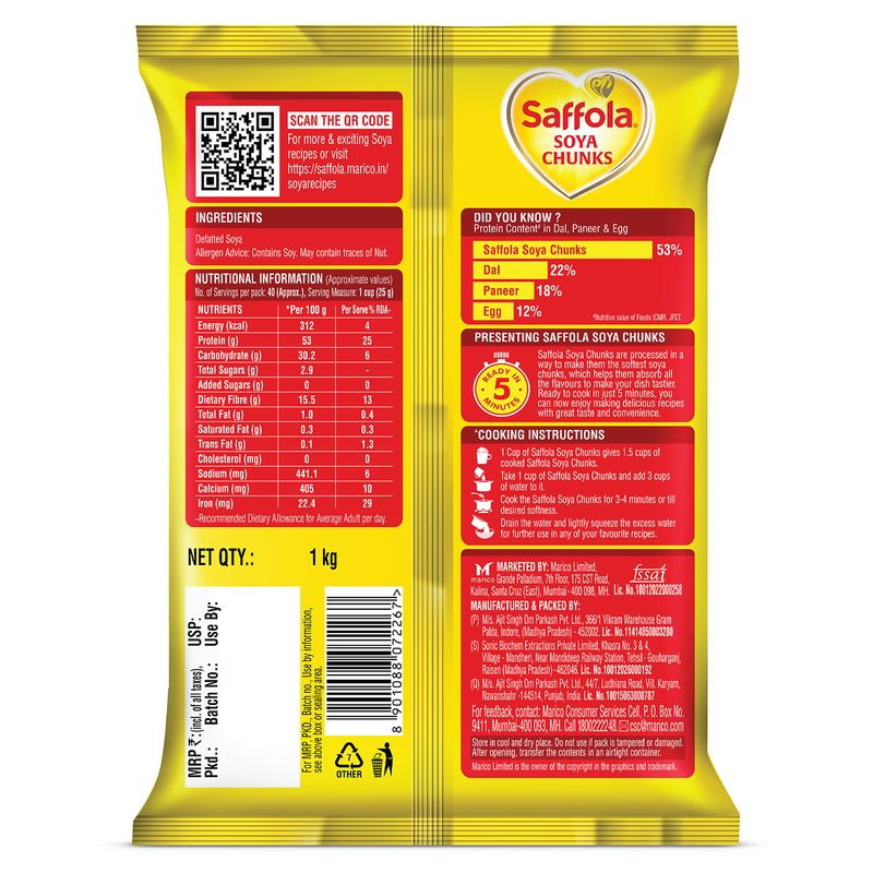 Saffola Soya Chunks, Tender & Juicy, 53% Protein, 1kg