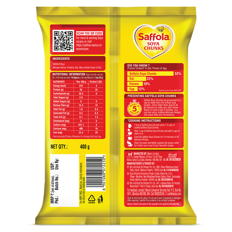 Saffola Soya Chunks, Tender & Juicy, 53% Protein, 400g