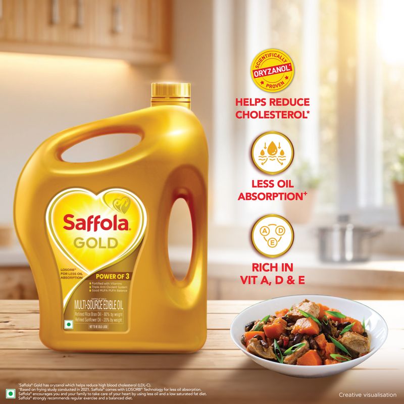 Saffola Gold Refined Cooking oil | Power of 3 - Balance of Good Fats, Triple Anti-Oxidant System & Fortified with Vitamins | Multi-Source Edible Rice Bran & Sunflower Oil | 15 Litre Jar