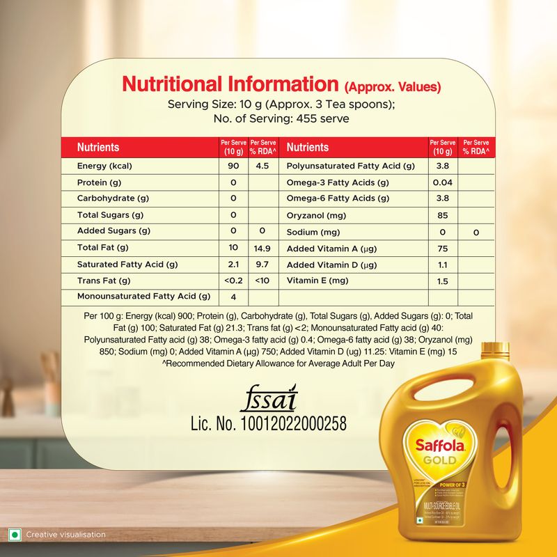 Saffola Gold Refined Cooking oil | Power of 3 - Balance of Good Fats, Triple Anti-Oxidant System & Fortified with Vitamins | Multi-Source Edible Rice Bran & Sunflower Oil | 15 Litre Jar
