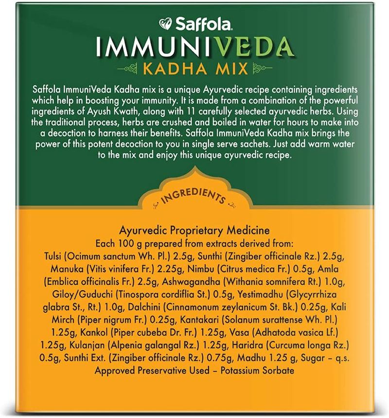Saffola Immuniveda Kadha Mix- 80g (20 Sachets x 4g ) | Ayurvedic Immunity Booster Herbal Tea with Ayush Kwath