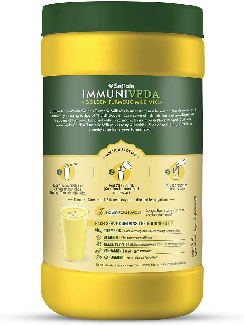 Saffola Immuniveda Golden Turmeric Milk Mix 400g | Ayurvedic Immunity Booster Haldi Doodh | Healthy drink for kids & adults