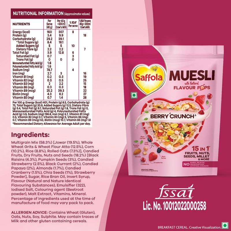 Saffola Muesli Berry Crunch with Flavour Pops, 450g | 15 in 1 Fruit and Nuts, Seeds, Millet & more