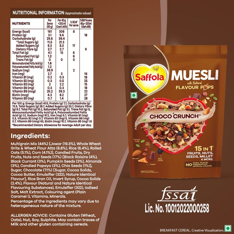 Saffola Muesli Choco Crunch with Flavour Pops, 450g | 15 in 1 Fruit and Nuts, Seeds, Millet & more | Cereals for breakfast with wholegrain, protein, fibre