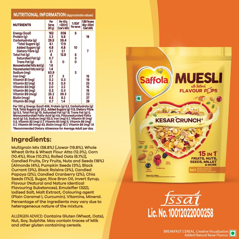 Saffola Muesli Kesar Crunch with Flavour Pops, 450g | 15 in 1 Fruit and Nuts, Seeds, Millet & more