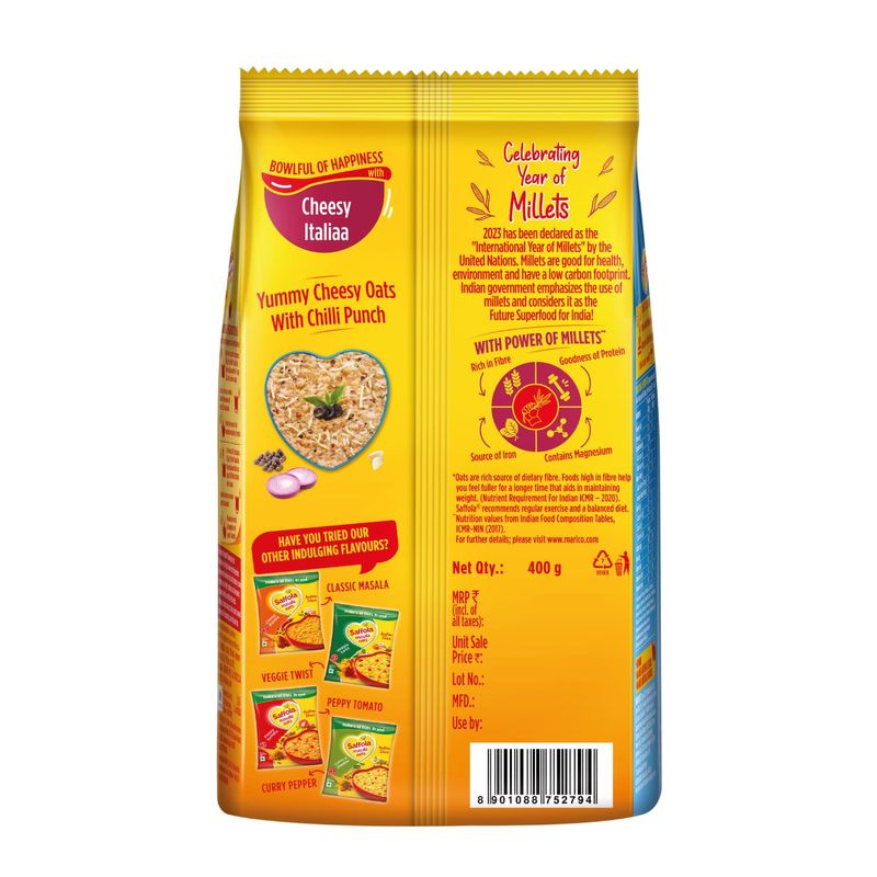 Saffola Masala Oats Cheesy Italian, Creamy Flavoured Rolled Oats with High Fibre, Yummy Anytime Snack, 400g