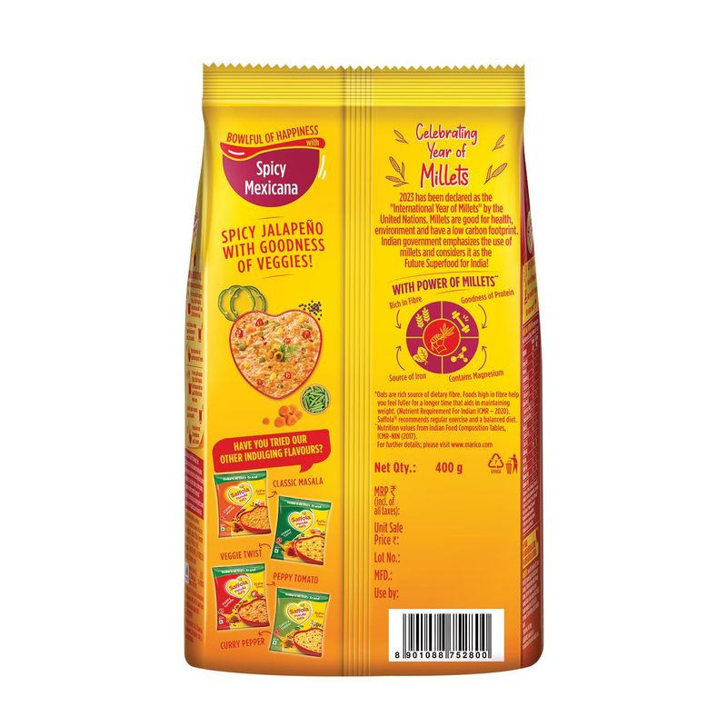 Saffola Masala Oats Spicy Mexican, Spicy Flavoured Rolled Oats with High Fibre, Yummy Anytime Snack, 400g