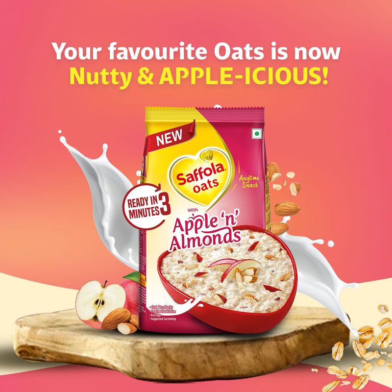 Saffola Oats with Apple 'n' Almonds, Fruit Flavoured Oats with High Fibre, Yummy Anytime Snack, 400g