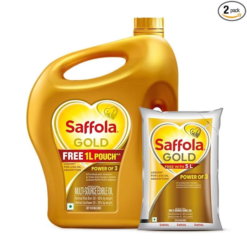 Saffola Gold Refined Oil|Blend of Rice Bran Oil & Sunflower Oil|Cooking Oil| Pro Healthy Lifestyle Edible Oil 5L Jar +1L Pouch