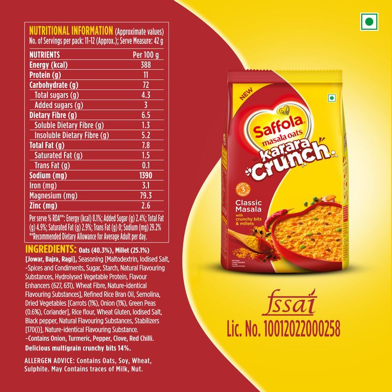 Saffola Masala Oats Karara Crunch, Tasty Evening Snack, Classic Masala With Crunchy Bits And Millets, 500 Gram