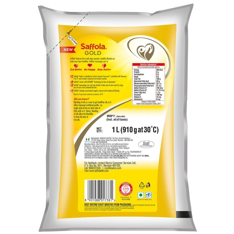 Saffola Gold, Pro Healthy Lifestyle Edible Oil - 1 L Pouch (Pack of 4)