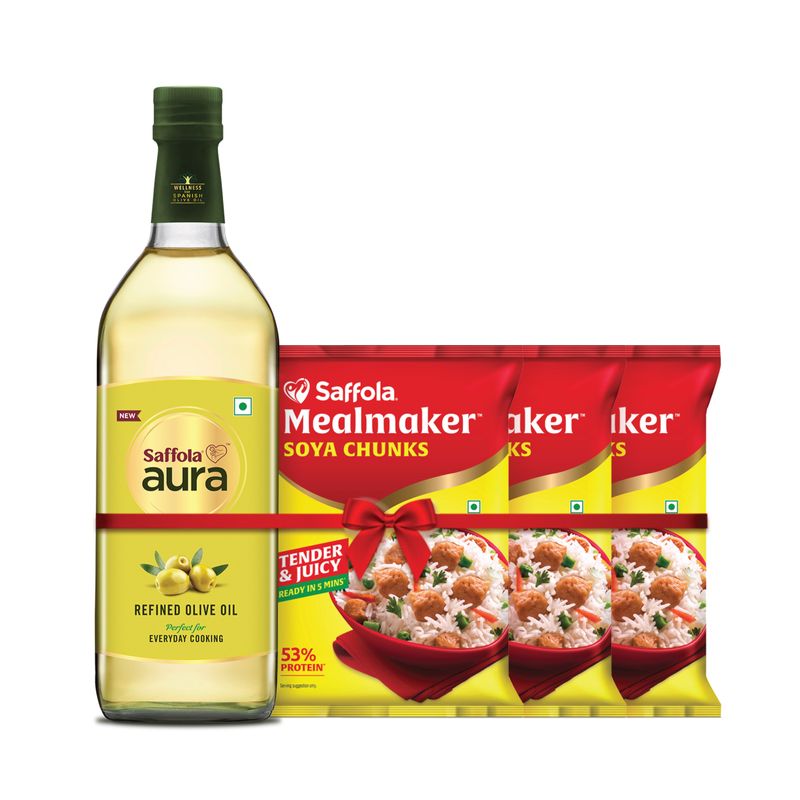 Saffola Aura Refined Oil, 1L + Saffola Mealmaker Soya Chunks 400g (Pack of 3)