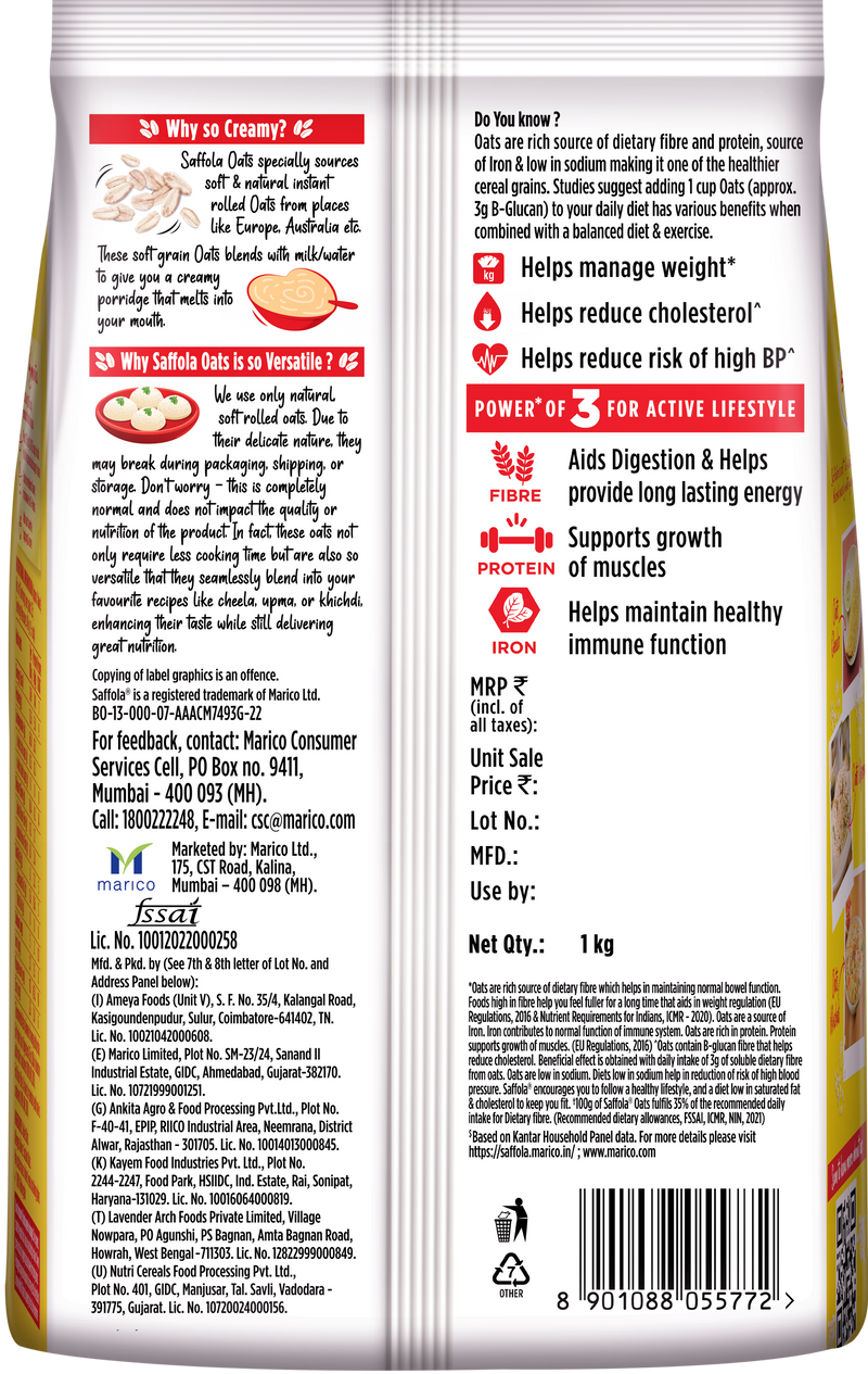 Saffola Oats | Rolled Oats | Delicious Creamy Oats | High Protein & Fibre | Healthy Cereal | 1Kg with 300g Free