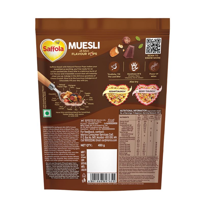 Saffola Muesli Choco Crunch with Flavour Pops, 450g | 15 in 1 Fruit and Nuts, Seeds, Millet & more | Cereals for breakfast with wholegrain, protein, fibre