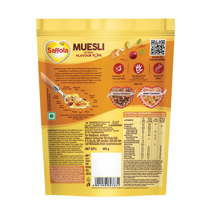 Saffola Muesli Kesar Crunch with Flavour Pops, 450g | 15 in 1 Fruit and Nuts, Seeds, Millet & more