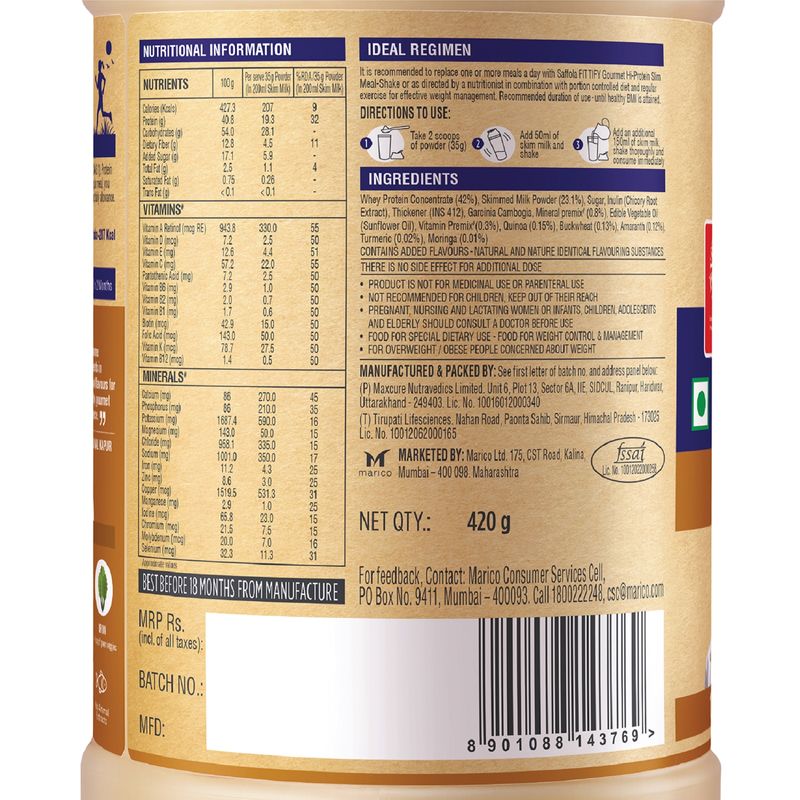 Saffola Fittify Hi Protein Slim Meal-Shake, Coffee Caramel, 420 gm (Buy 1 Get 1 Free)