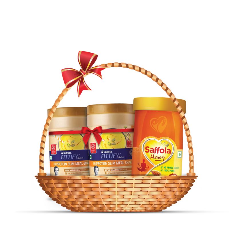 Saffola Gifting Fitness Kit | Fittify Hi Protein Slim Meal-Shake, Royal Kesar Pista, 420 gm (B1G1) + Honey 1 Kg