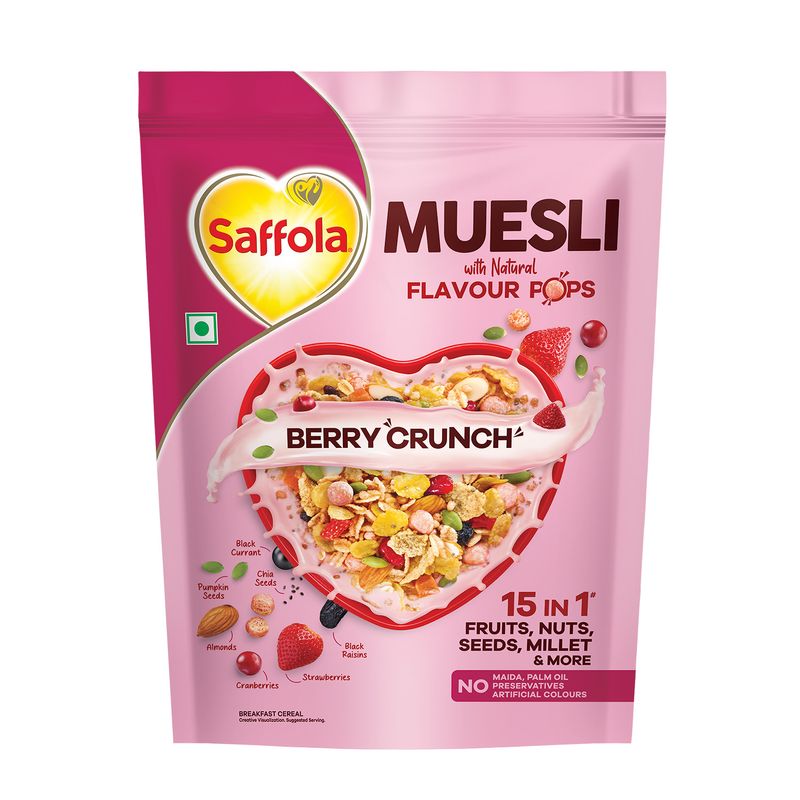 Saffola Muesli Berry Crunch with Flavour Pops, 450g | 15 in 1 Fruit and Nuts, Seeds, Millet & more