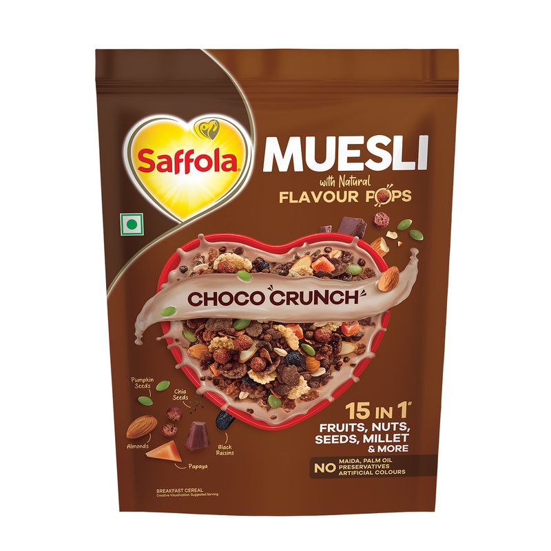 Saffola Muesli Choco Crunch with Flavour Pops, 450g | 15 in 1 Fruit and Nuts, Seeds, Millet & more | Cereals for breakfast with wholegrain, protein, fibre