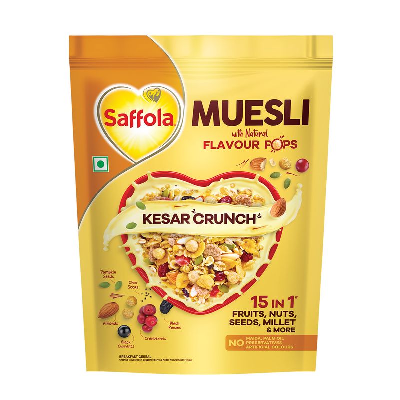 Saffola Muesli Kesar Crunch with Flavour Pops, 450g | 15 in 1 Fruit and Nuts, Seeds, Millet & more