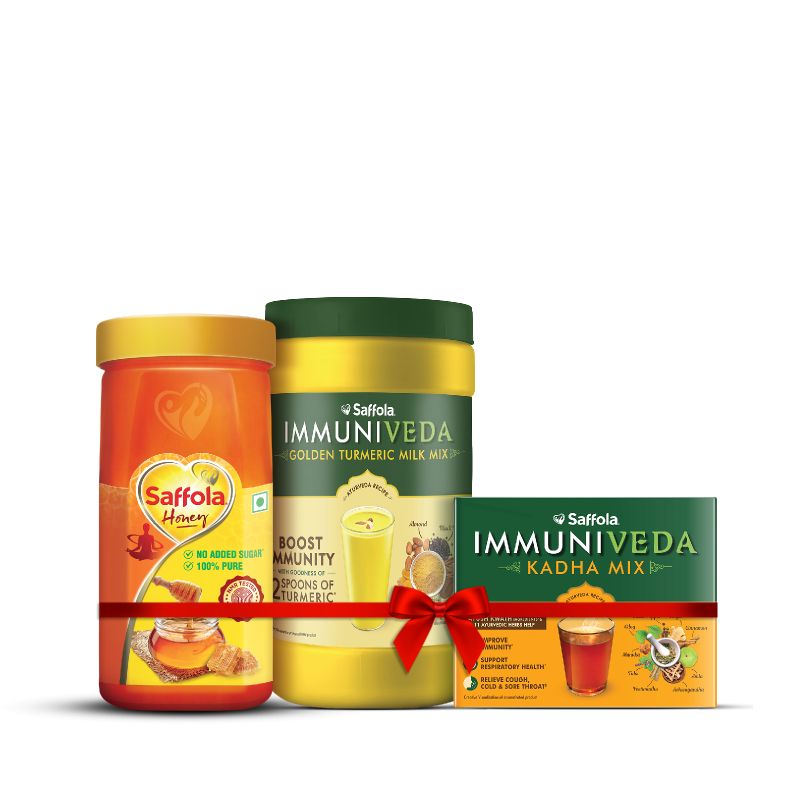Saffola Gifting Immunity Care Kit - Immuniveda Kadha Mix 80g + Turmeric Milk Mix 400g + 100% Pure Honey 500g