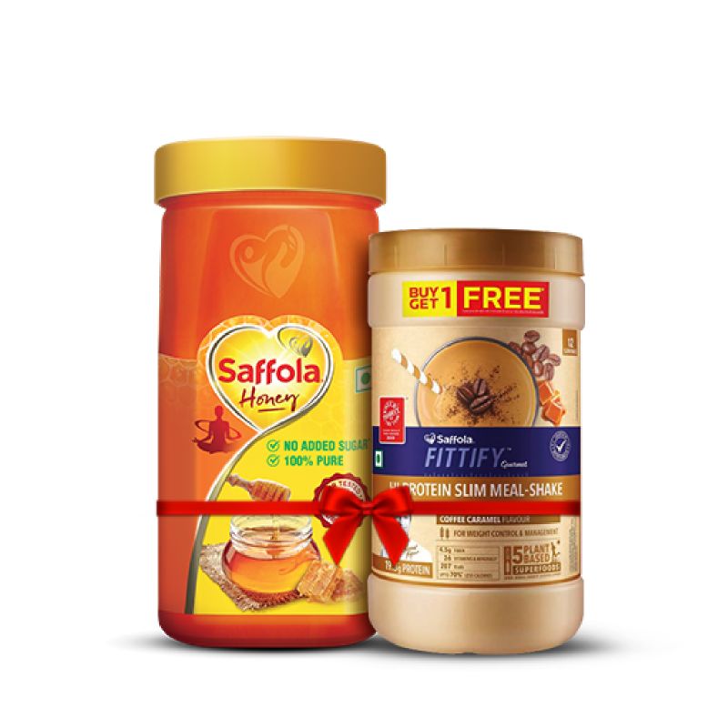 Saffola Gifting Combo | Fittify Meal-Shake, Coffee Caramel (B1G1)+ Saffola Honey 1Kg