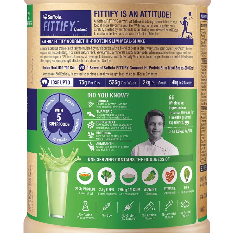 Saffola Fittify Hi Protein Slim Meal-Shake, Pista Almond, 420 gm (Buy 1 Get 1 Free)