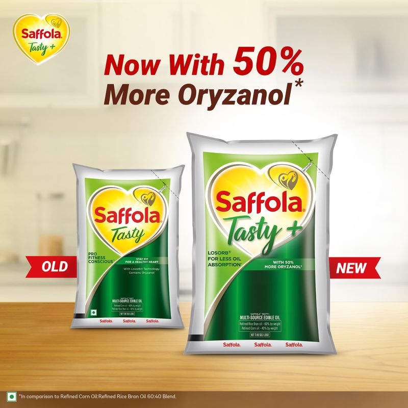 Saffola Tasty Refined Oil|Blend of Corn Oil & Rice Bran Oil|Cooking oil|Pro Fitness Conscious Edible Oil 1 Litre Pouch