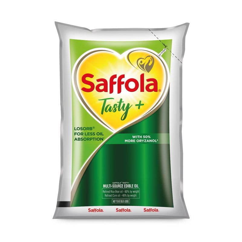 Saffola Tasty Refined Oil|Blend of Corn Oil & Rice Bran Oil|Cooking oil|Pro Fitness Conscious Edible Oil 1 Litre Pouch