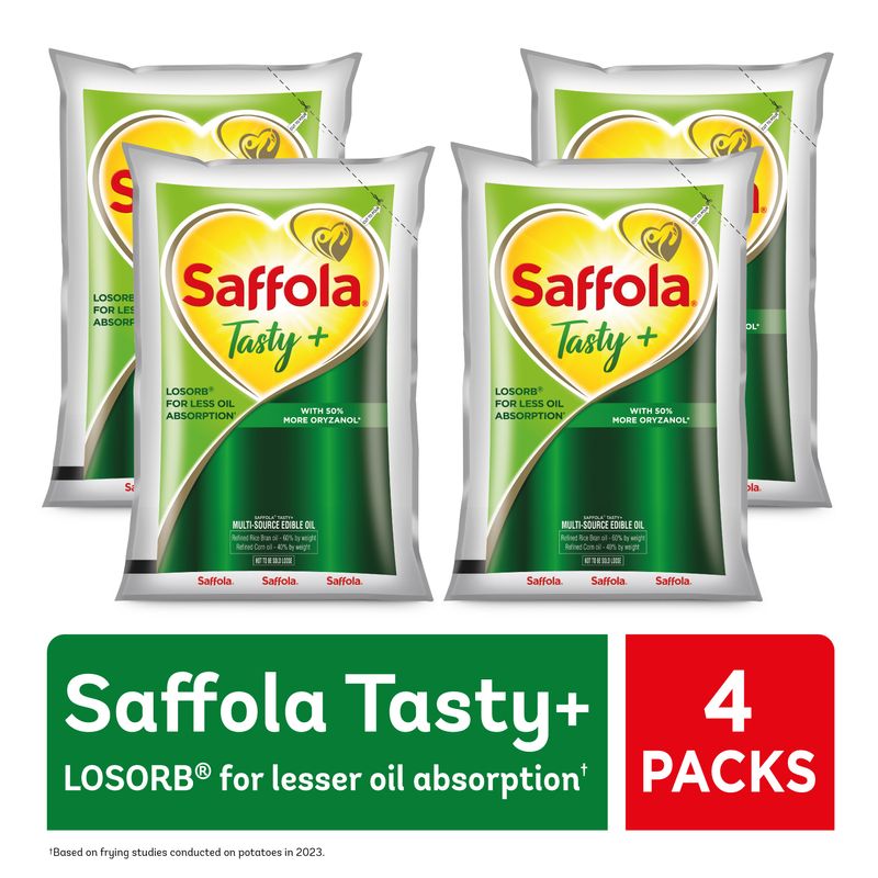 Saffola Tasty + Refined Cooking oil | Multi-Source Edible Rice bran & Corn oil | 50% More Oryzanol | 4 x 1 Litre Pouch