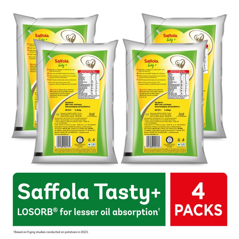 Saffola Tasty + Refined Cooking oil | Multi-Source Edible Rice bran & Corn oil | 50% More Oryzanol | 4 x 1 Litre Pouch