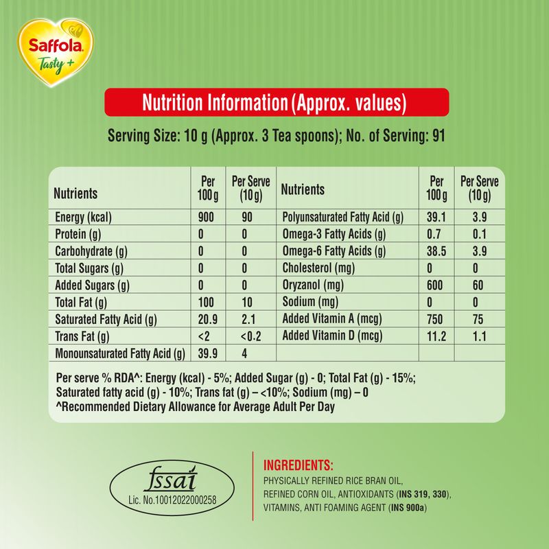 Saffola Tasty Refined Oil|Blend of Corn Oil & Rice Bran Oil|Cooking oil|Pro Fitness Conscious Edible Oil 1 Litre Pouch