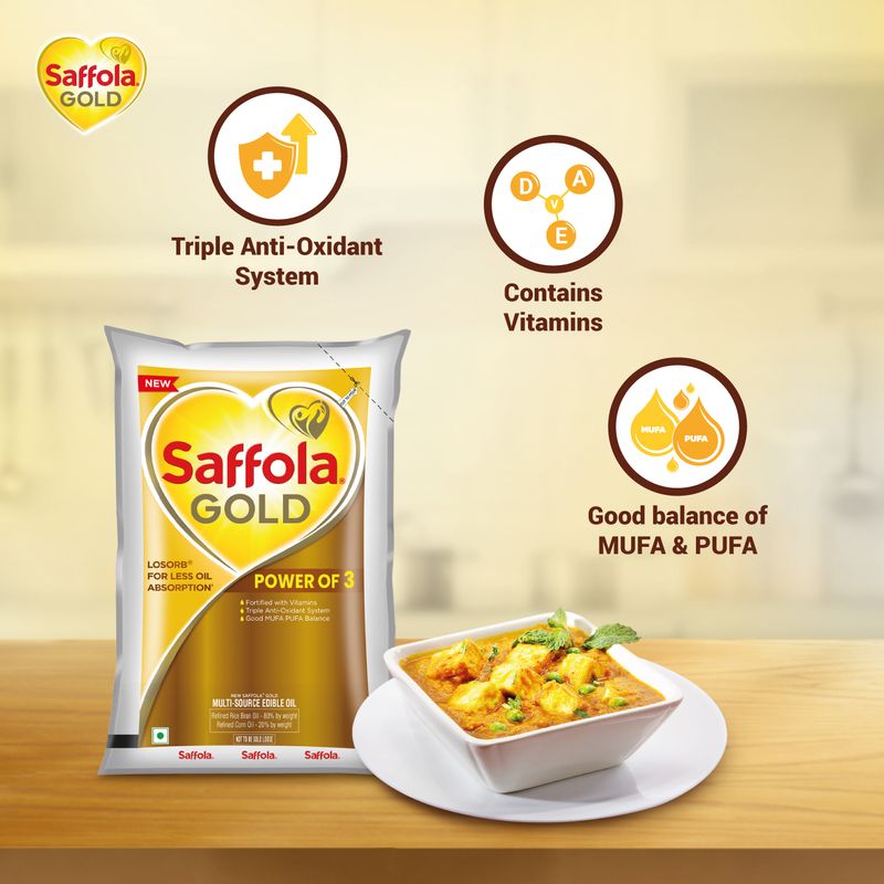 Saffola Gold Oil | Power of 3 | Blend of Rice Bran & Sunflower Oil | 1 L Pouch