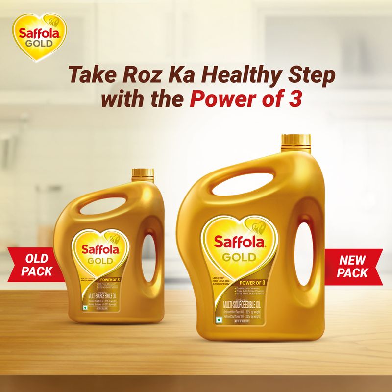 Saffola Gold Oil | Power of 3 | Blend of Rice Bran & Sunflower Oil | 3 L Jar