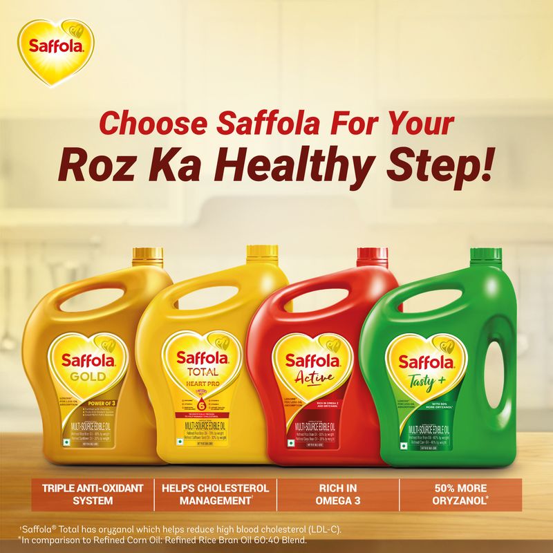 Saffola Gold Refined Oil|Blend of Rice Bran Oil & Sunflower Oil|Cooking Oil| Pro Healthy Lifestyle Edible Oil 5L Jar +1L Pouch