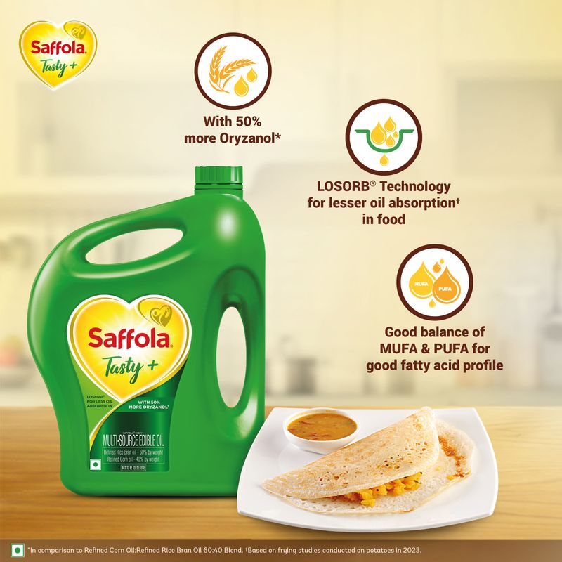 Saffola Tasty + Refined Cooking oil | Multi-Source Edible Rice bran & Corn oil | 50% More Oryzanol | 4 x 1 Litre Pouch