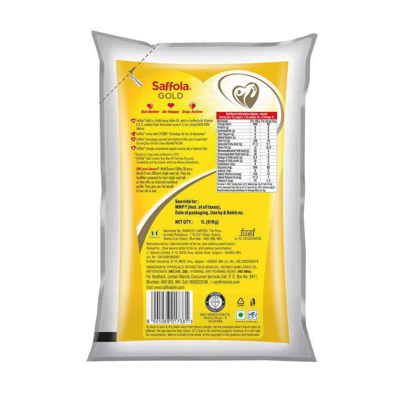 Saffola Gold Oil | Power of 3 | Blend of Rice Bran & Sunflower Oil | 1 L Pouch