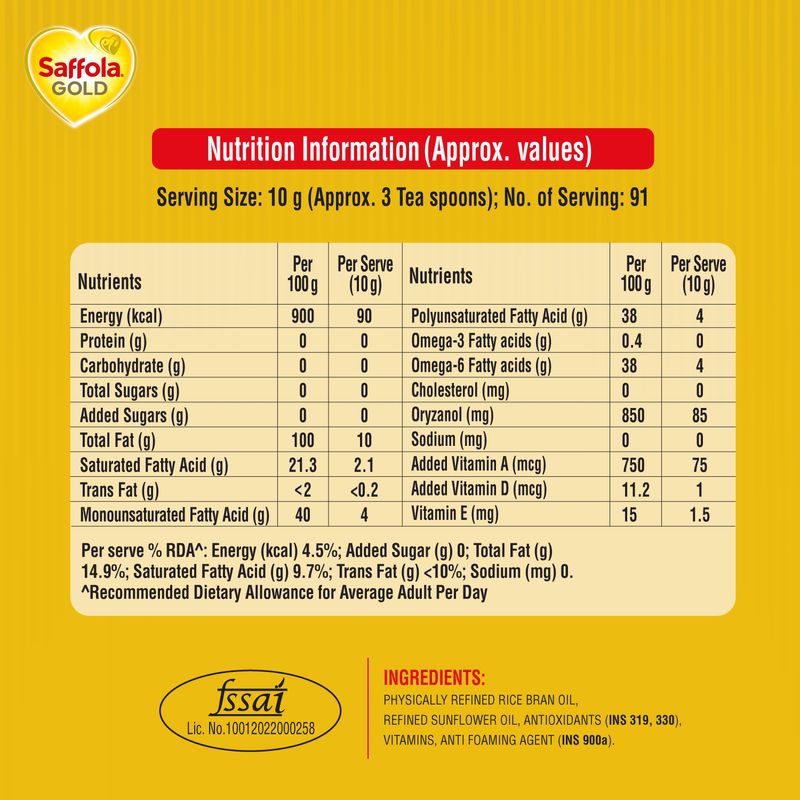 Saffola Gold Oil | Power of 3 | Blend of Rice Bran & Sunflower Oil | 1 L Pouch