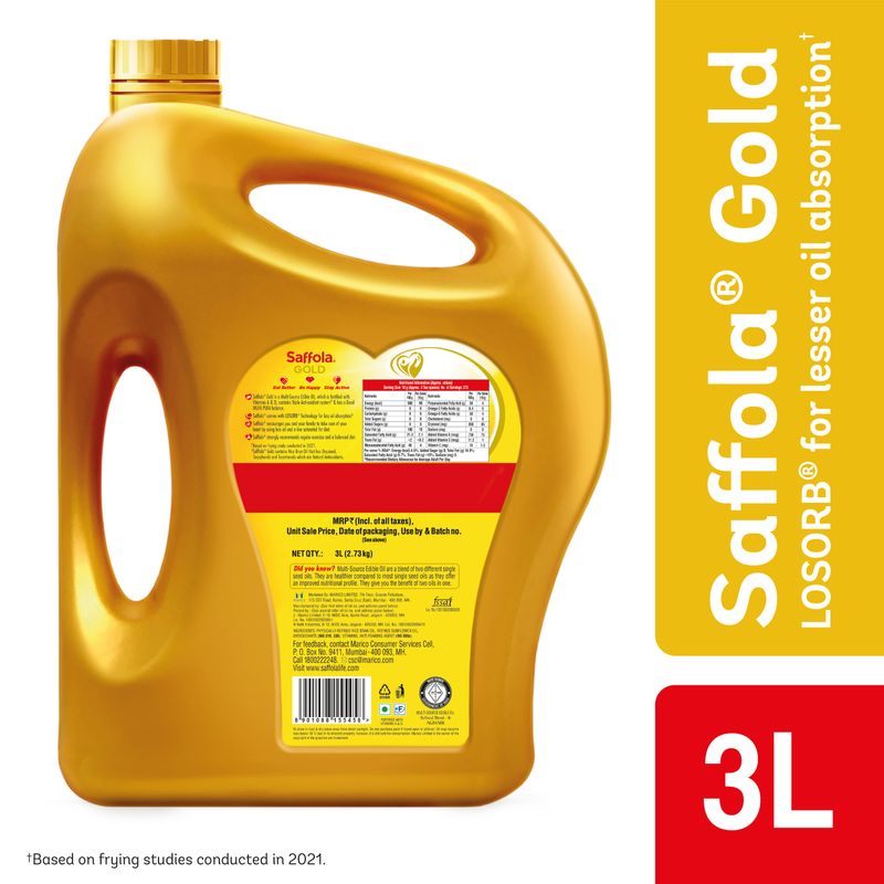 Saffola Gold Oil | Power of 3 | Blend of Rice Bran & Sunflower Oil | 3 L Jar