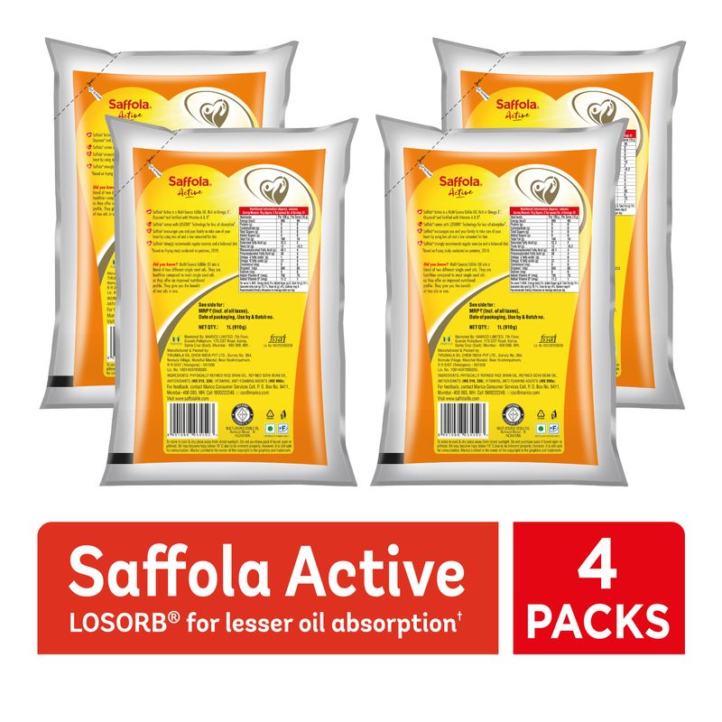 Saffola Active | Rich in Omega 3 & Oryzanol | Edible Oil - 4 X 1 L Pouch