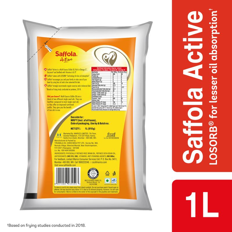 Saffola Active | Rich in Omega 3 & Oryzanol | Edible Oil - 1 L Pouch