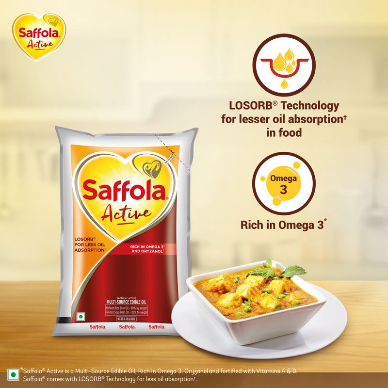 Saffola Active | Rich in Omega 3 & Oryzanol | Edible Oil - 1 L Pouch