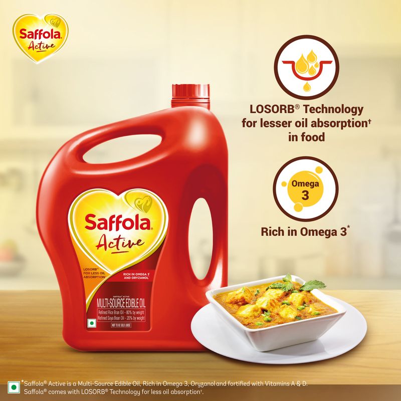 Saffola Active | Rich in Omega 3 & Oryzanol | Edible Oil - 5 L Jar