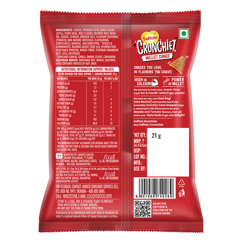 Saffola Crunchiez Millet Cones - Takatak Tomato, 21g