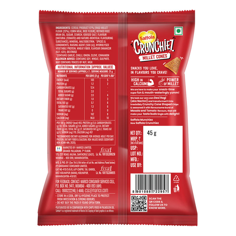 Saffola Crunchiez Millet Cones - Takatak Tomato, 45g