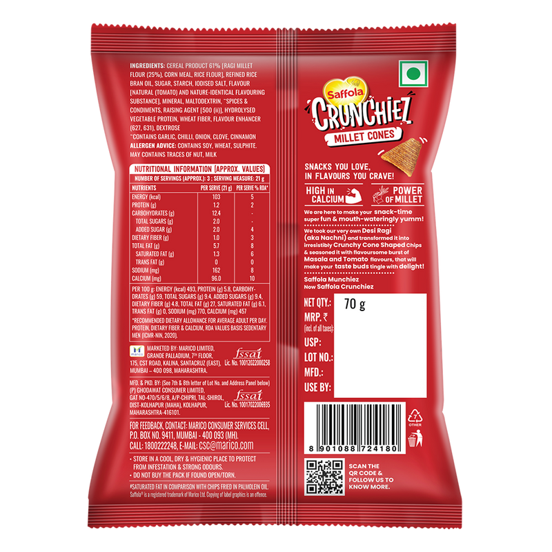 Saffola Crunchiez Millet Cones - Takatak Tomato, 70g