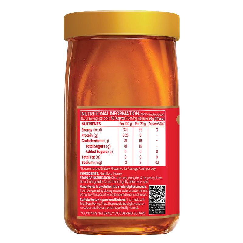 Saffola Honey Active, Made with Sundarban Forest Honey, 100% Pure Honey, No sugar adulteration,  Natural Immunity booster, 1Kg