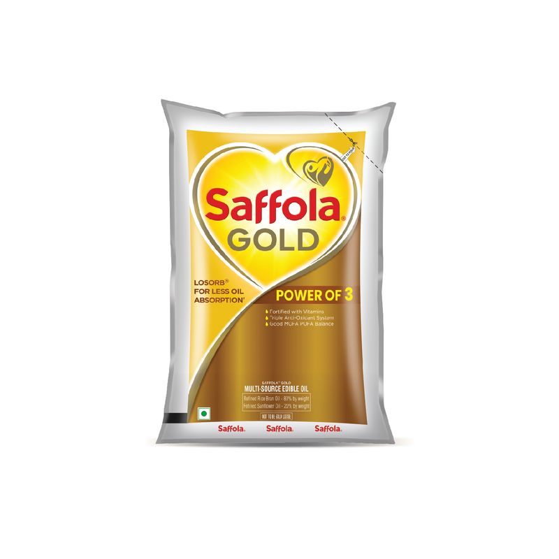 Saffola Gold Refined Cooking oil | Power of 3 - Balance of Good Fats, Triple Anti-Oxidant System & Fortified with Vitamins | Multi-Source Edible Rice Bran & Sunflower Oil | 1 Litre Pouch