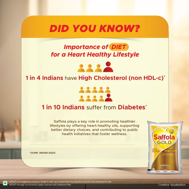 Saffola Gold Refined Cooking oil | Power of 3 - Balance of Good Fats, Triple Anti-Oxidant System & Fortified with Vitamins | Multi-Source Edible Rice Bran & Sunflower Oil | 1 Litre Pouch